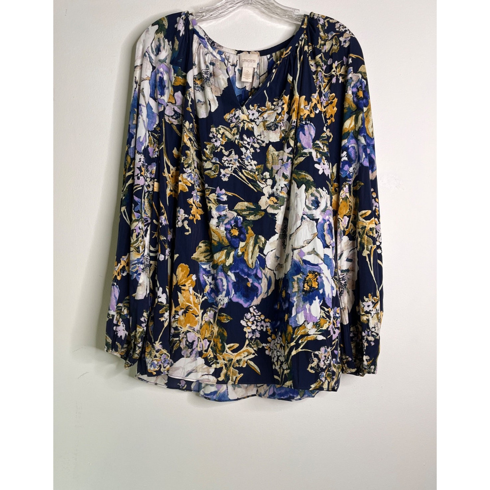 Chicos Womens Pullover Blouse Shirt Size 2 Large Floral Blue Career Casual